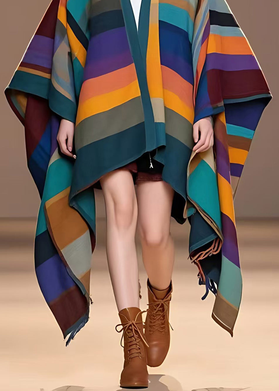 Unique Multicolor V Neck Striped Woolen Coats