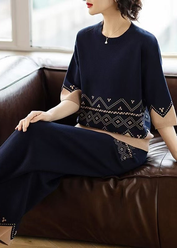 Unique Navy O Neck  Knit Women Sets 2 Pieces Spring