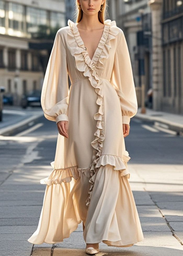 Unique Nude Asymmetrical Design Ruffled Chiffon Dress Fall