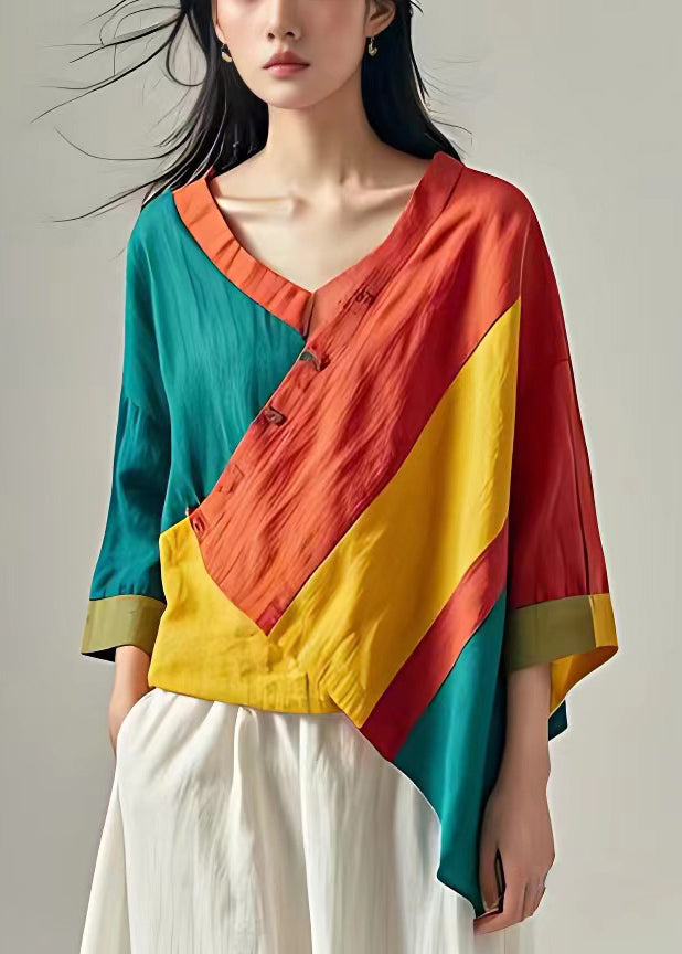 Unique Orange Asymmetrical Patchwork Cotton Shirt