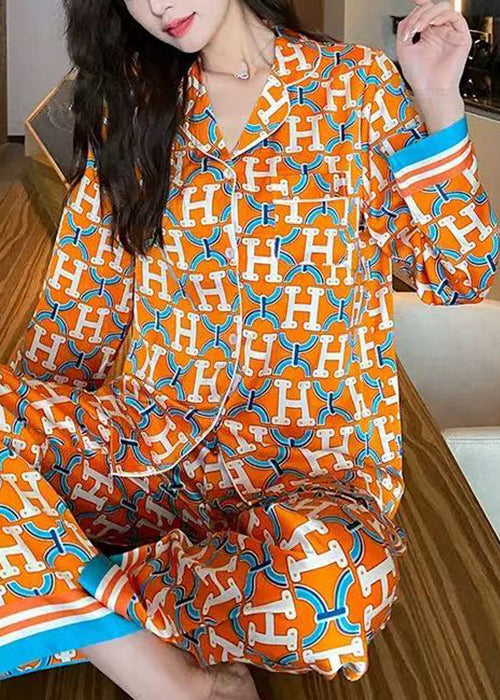 Unique Orange Button Print Ice Silk Pajamas Two Piece Suit Set Spring