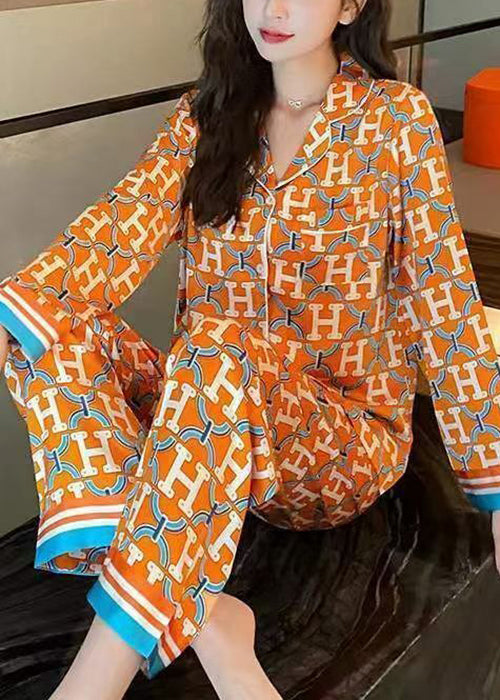 Unique Orange Button Print Ice Silk Pajamas Two Piece Suit Set Spring