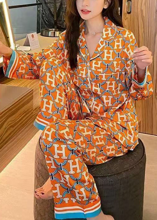 Unique Orange Button Print Ice Silk Pajamas Two Piece Suit Set Spring