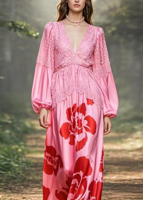 Unique Pink V Neck Print Lace Patchwork Silk Dresses Spring