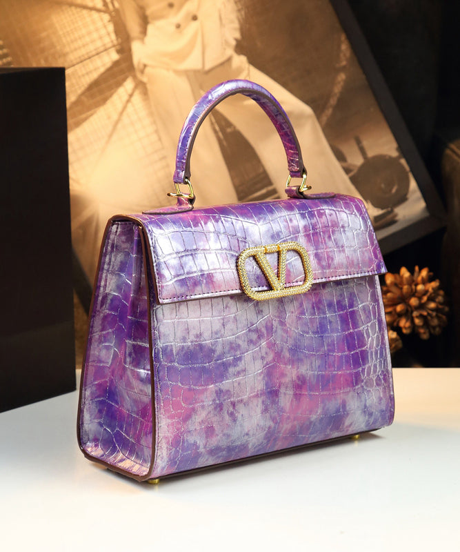 Unique Purple Embossed Solid Durable Calf Leather Tote Handbag