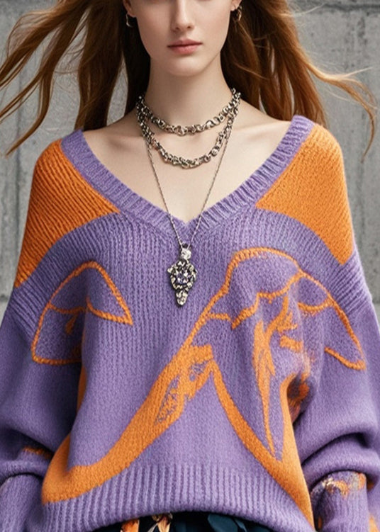 Unique Purple V Neck Cozy Knit Loose Sweaters Fall