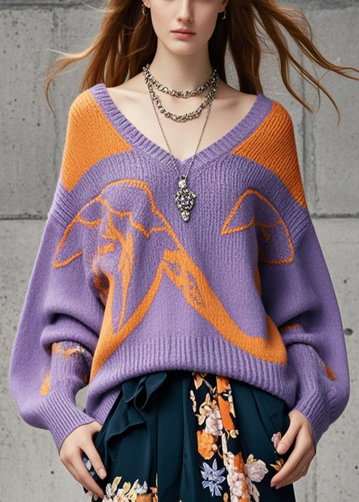 Unique Purple V Neck Cozy Knit Loose Sweaters Fall