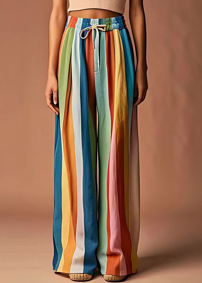 Unique Rainbow Lace Up Elastic Waist Linen Pants Summer