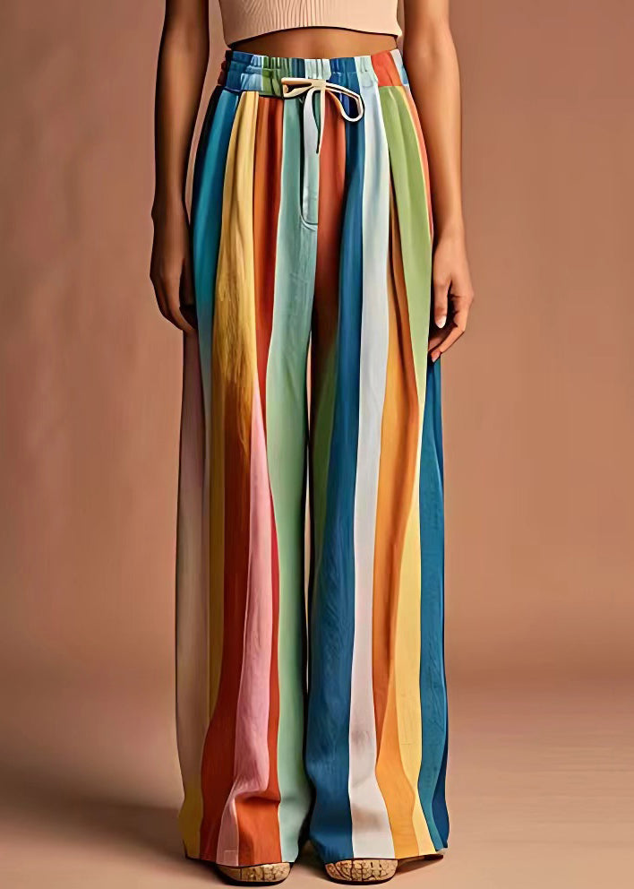 Unique Rainbow Lace Up Elastic Waist Linen Pants Summer