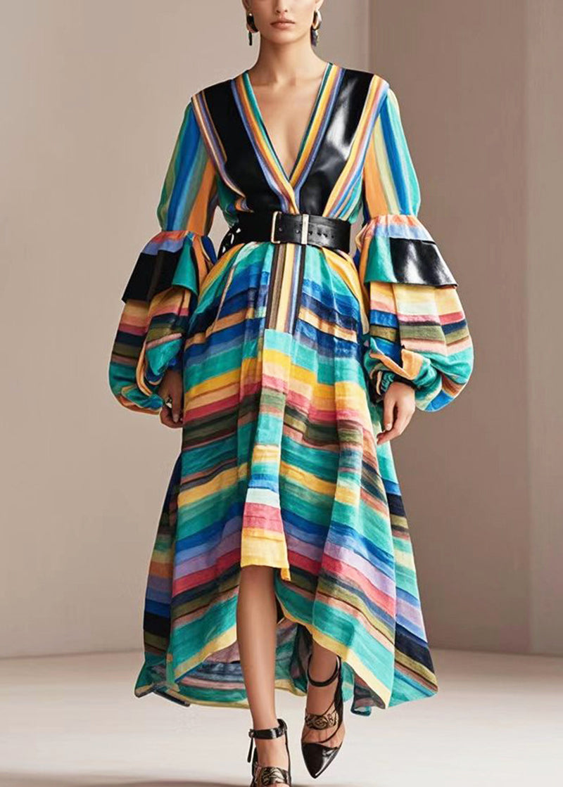 Unique Rainbow Striped Patchwork Cotton Cinched Dresses Lantern Sleeve