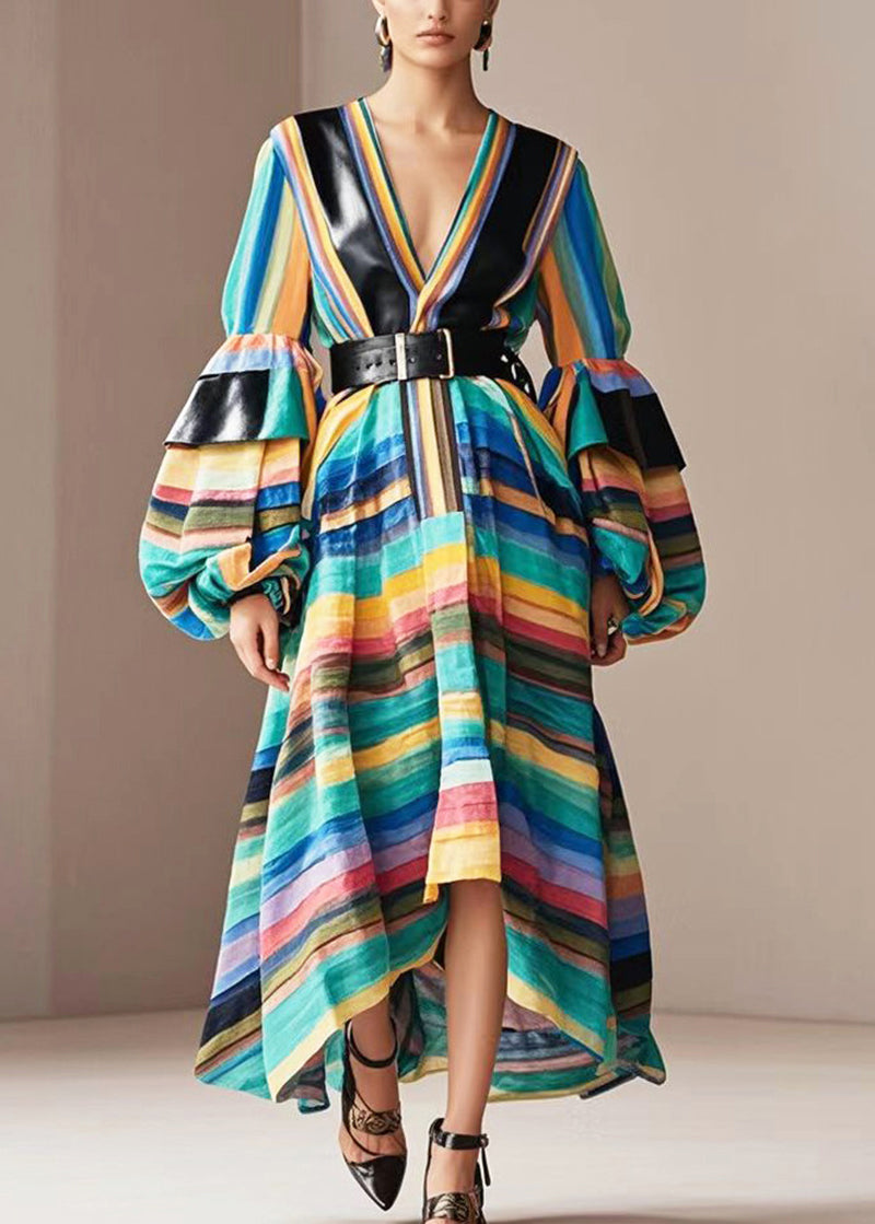 Unique Rainbow Striped Patchwork Cotton Cinched Dresses Lantern Sleeve