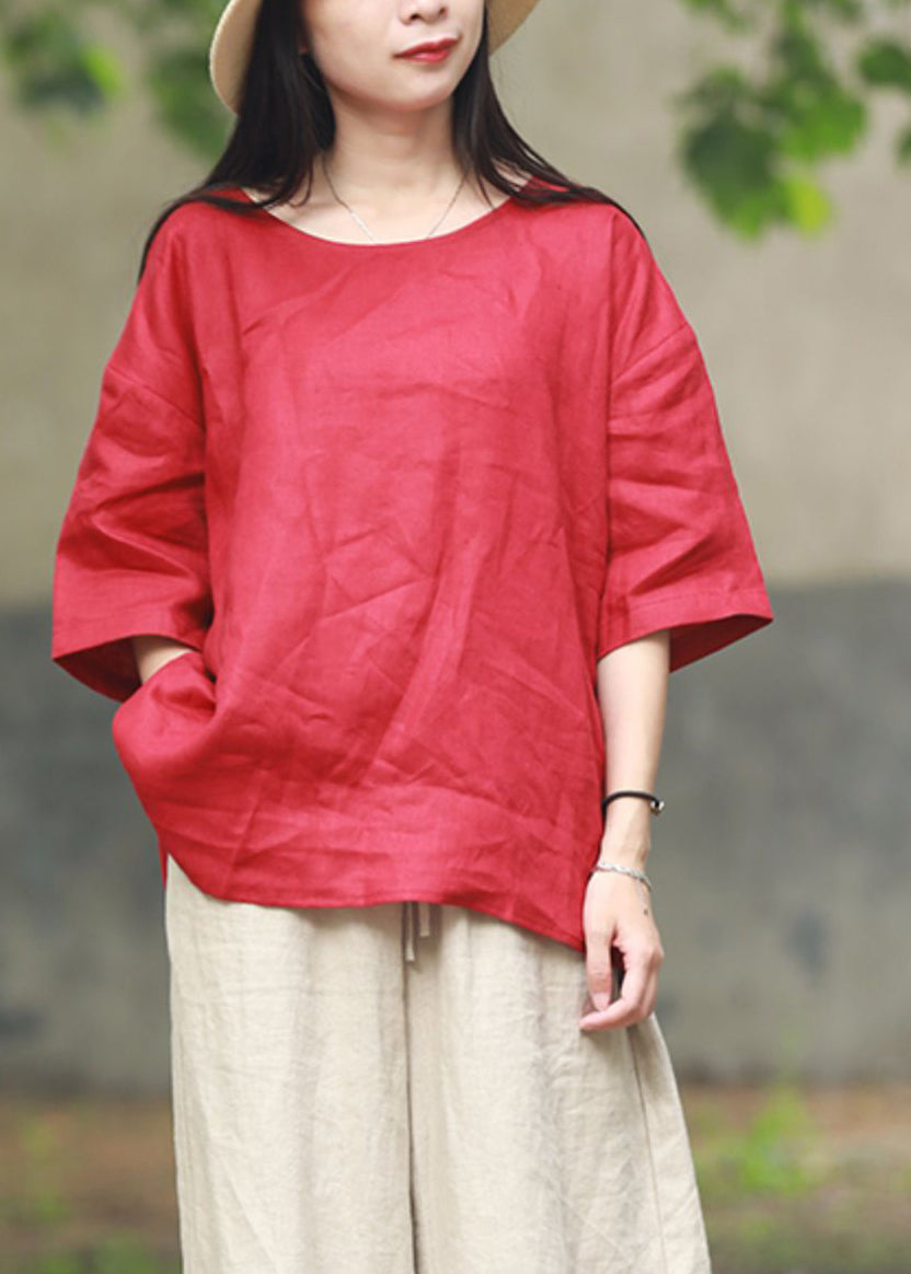 Unique Red Low High Design Linen Top Half Sleeve