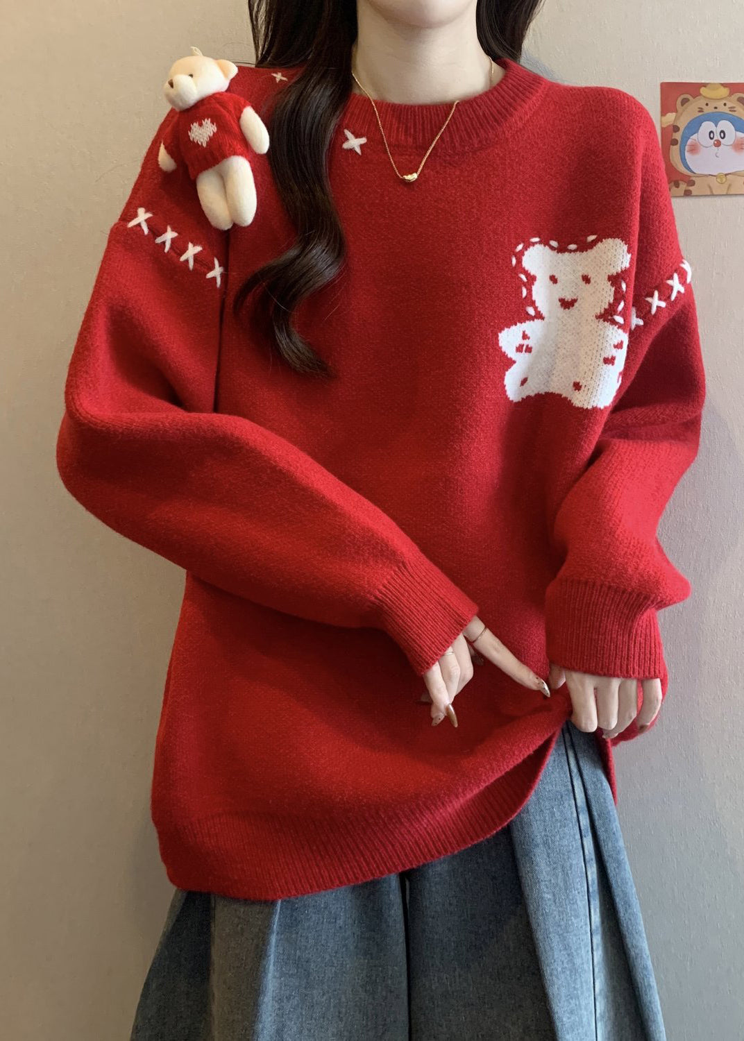 Unique Red O Neck Cartoon Patchwork Knitted Sweaters Winter