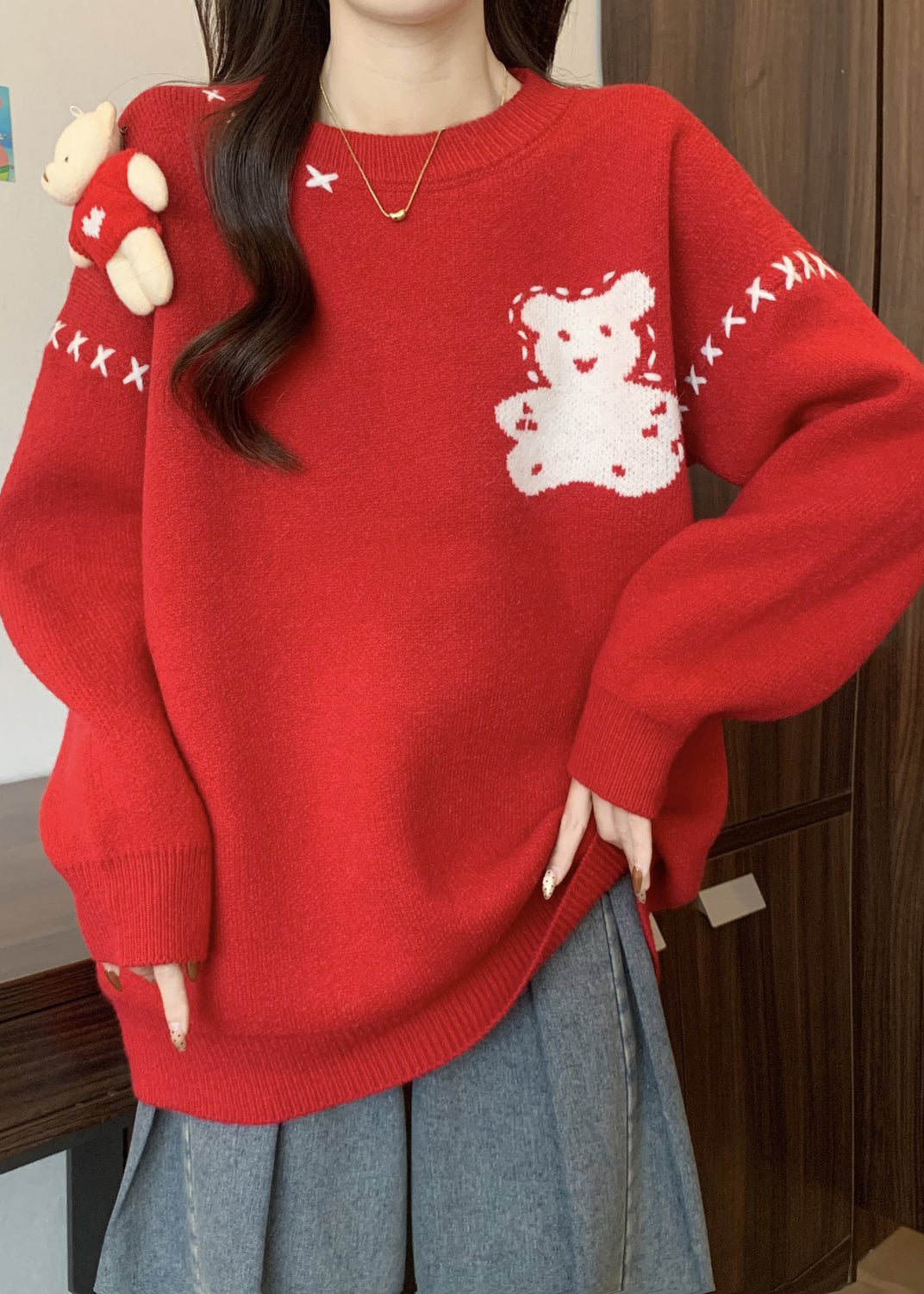 Unique Red O Neck Cartoon Patchwork Knitted Sweaters Winter