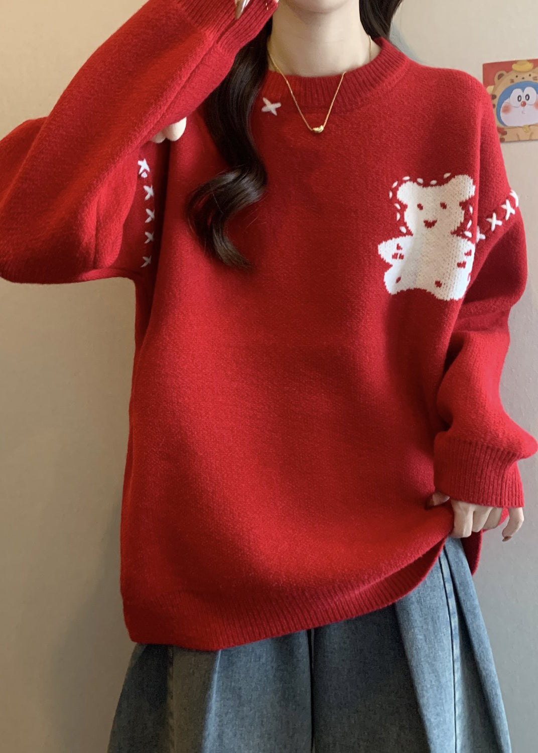 Unique Red O Neck Cartoon Patchwork Knitted Sweaters Winter