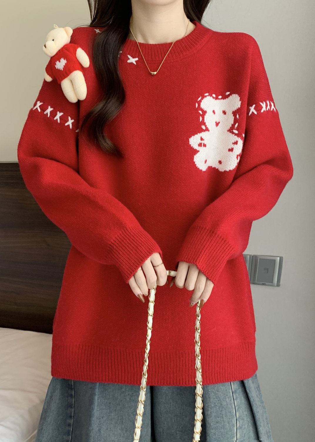 Unique Red O Neck Cartoon Patchwork Knitted Sweaters Winter