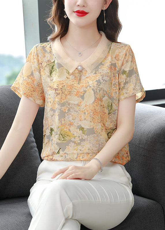 Unique Red Peter Pan Collar Print Chiffon Shirt Tops Summer