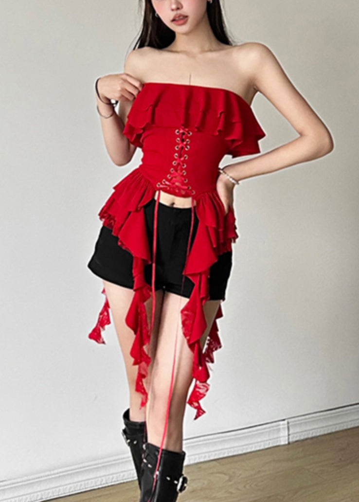 Unique Red Slash Neck Lace Up Cotton Tops Sleeveless