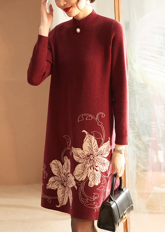 Unique Red Stand Collar Print Knitted Sweaters Dress Spring