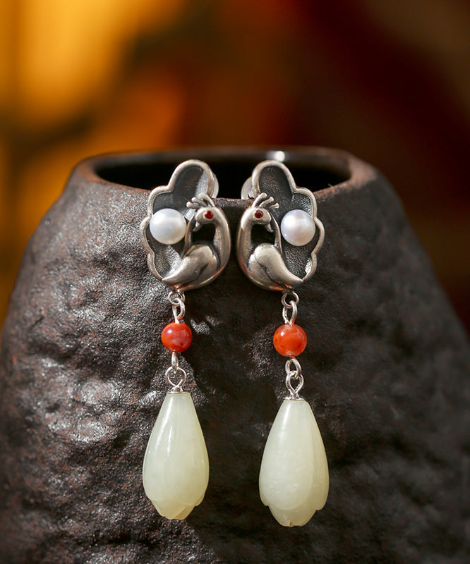 Unique Silk Sterling Silver Jade Agate Drop Earrings