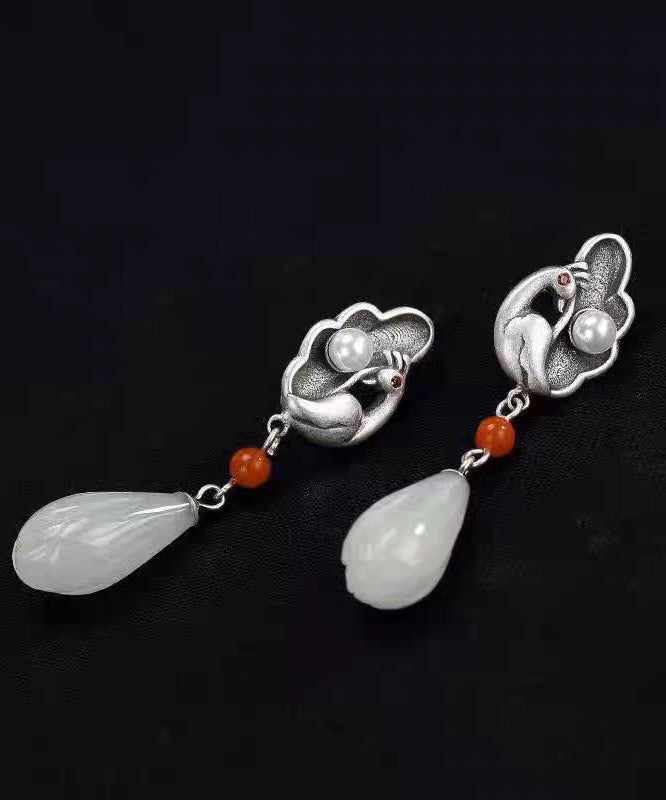 Unique Silk Sterling Silver Jade Agate Drop Earrings