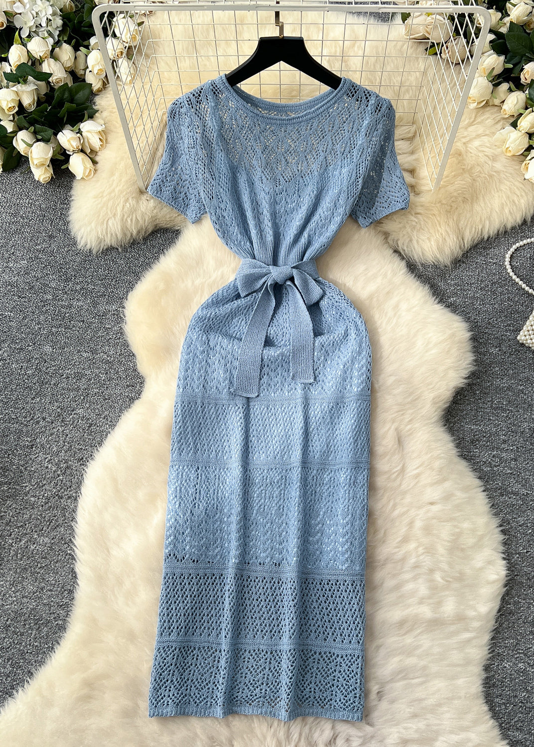 Unique Sky Blue Hollow Out Knit Vacation Dresses Two Piece Set Summer