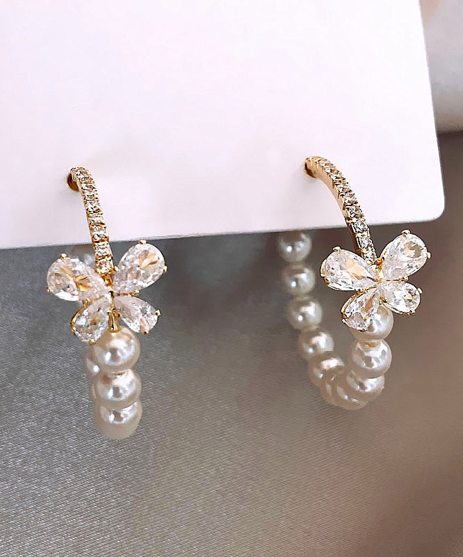 Unique White Copper Alloy Zircon Butterfly Pearl Hoop Earrings