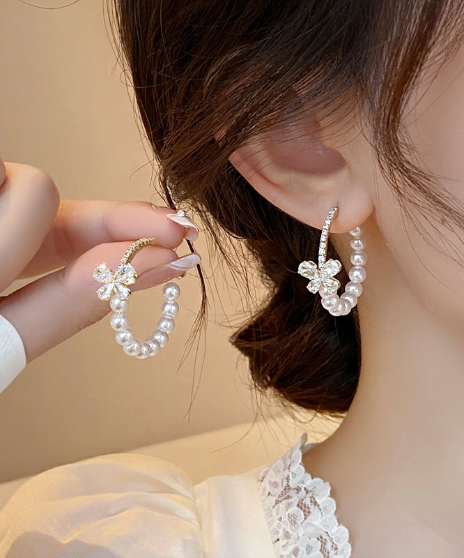 Unique White Copper Alloy Zircon Butterfly Pearl Hoop Earrings