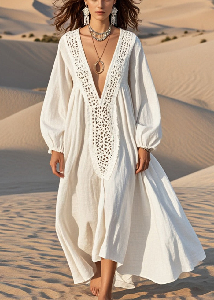 Unique White Oversized Hollow Out Cotton Maxi Dress Fall