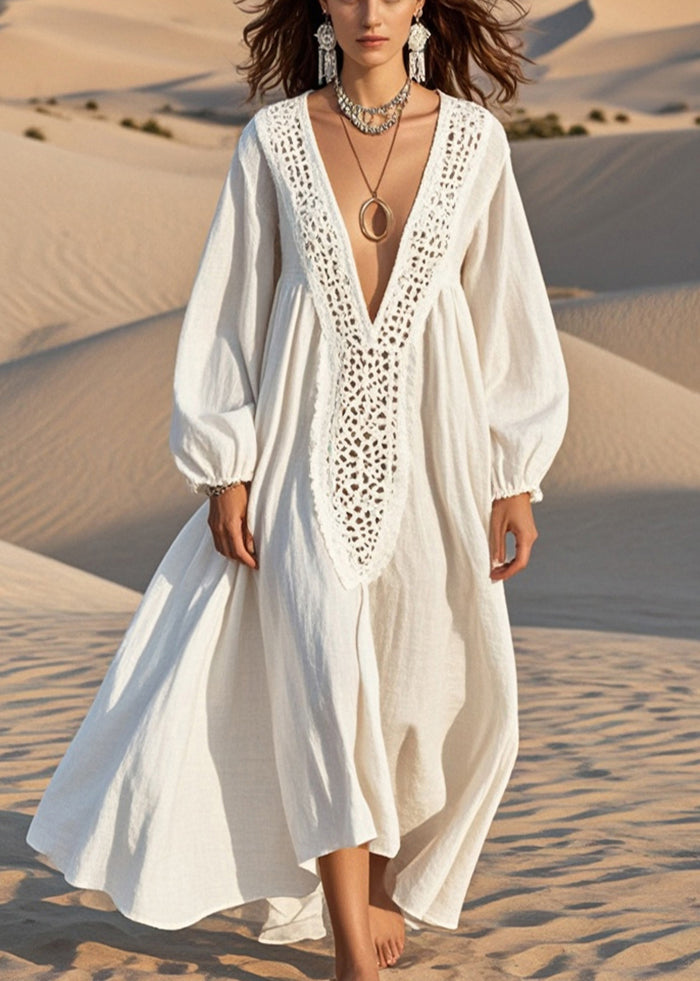 Unique White Oversized Hollow Out Cotton Maxi Dress Fall