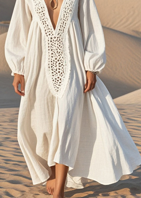 Unique White Oversized Hollow Out Cotton Maxi Dress Fall