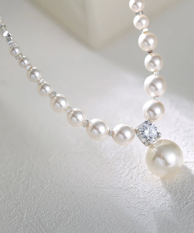 Unique White Pearl Zircon Broken Silver Pendant Necklace