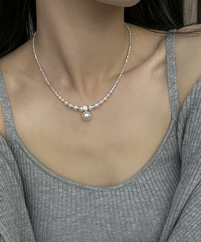 Unique White Pearl Zircon Broken Silver Pendant Necklace