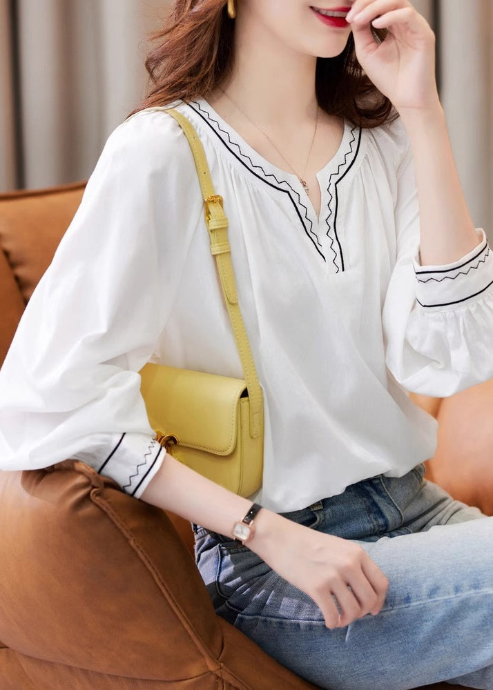 Unique White V Neck Embroidered Patchwork Shirts Fall