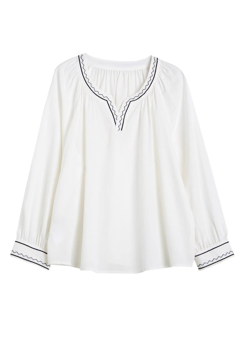 Unique White V Neck Embroidered Patchwork Shirts Fall