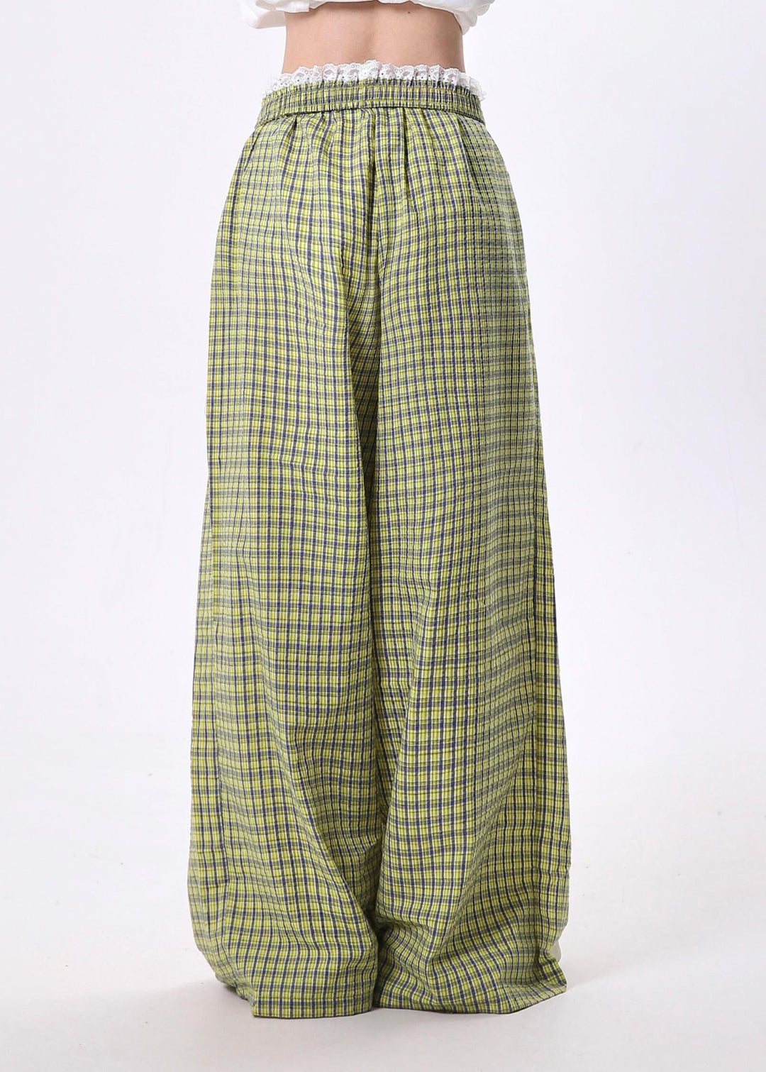 Unique Yellow Plaid Lace Patchwork Cotton Wide Leg Pants Spring