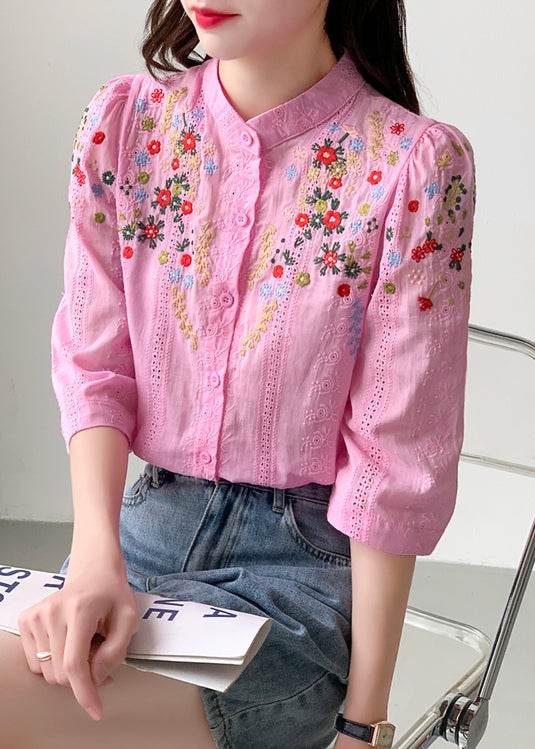 Unique Yellow Stand Collar Embroidered Cotton Blouses Summer