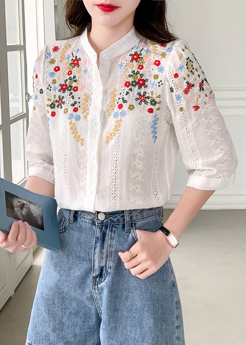 Unique Yellow Stand Collar Embroidered Cotton Blouses Summer