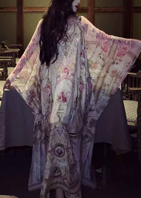 Vacation Style 2024 New Print Long Dress Batwing Sleeve