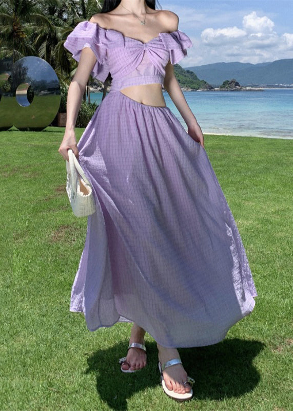 Vacation Style Purple Slash Neck Hollow Out Dress Butterfly Sleeve