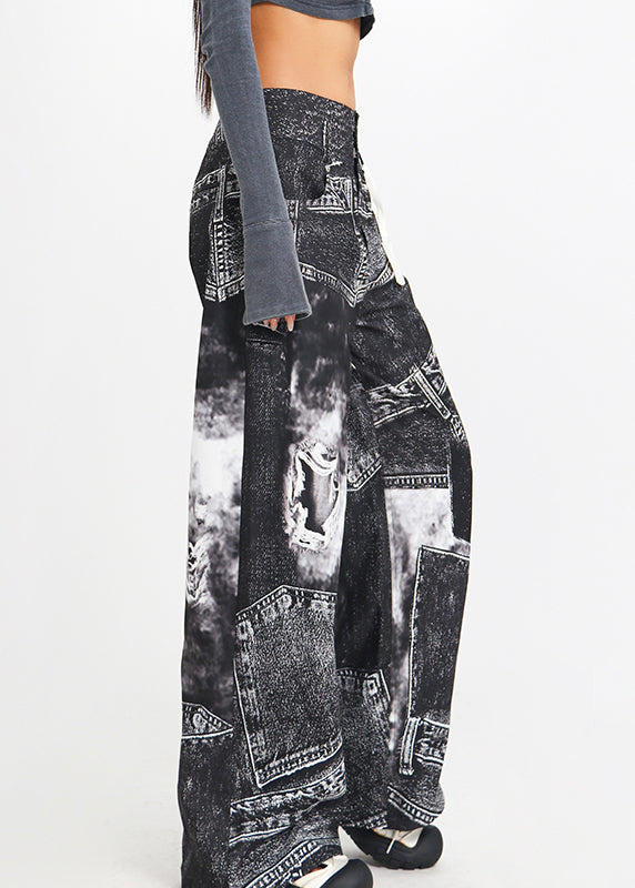 Vintage Black Print High Waist Denim Pants Spring