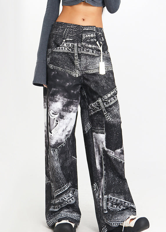 Vintage Black Print High Waist Denim Pants Spring