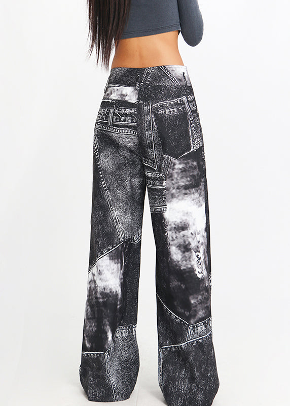 Vintage Black Print High Waist Denim Pants Spring