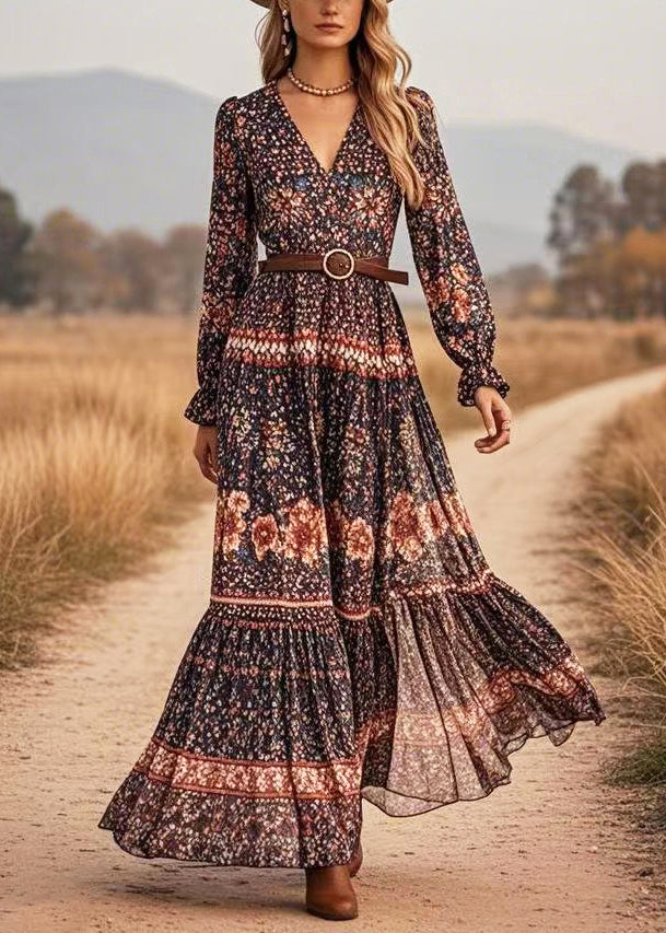 Vintage Black V Neck Print Long Dresses Spring