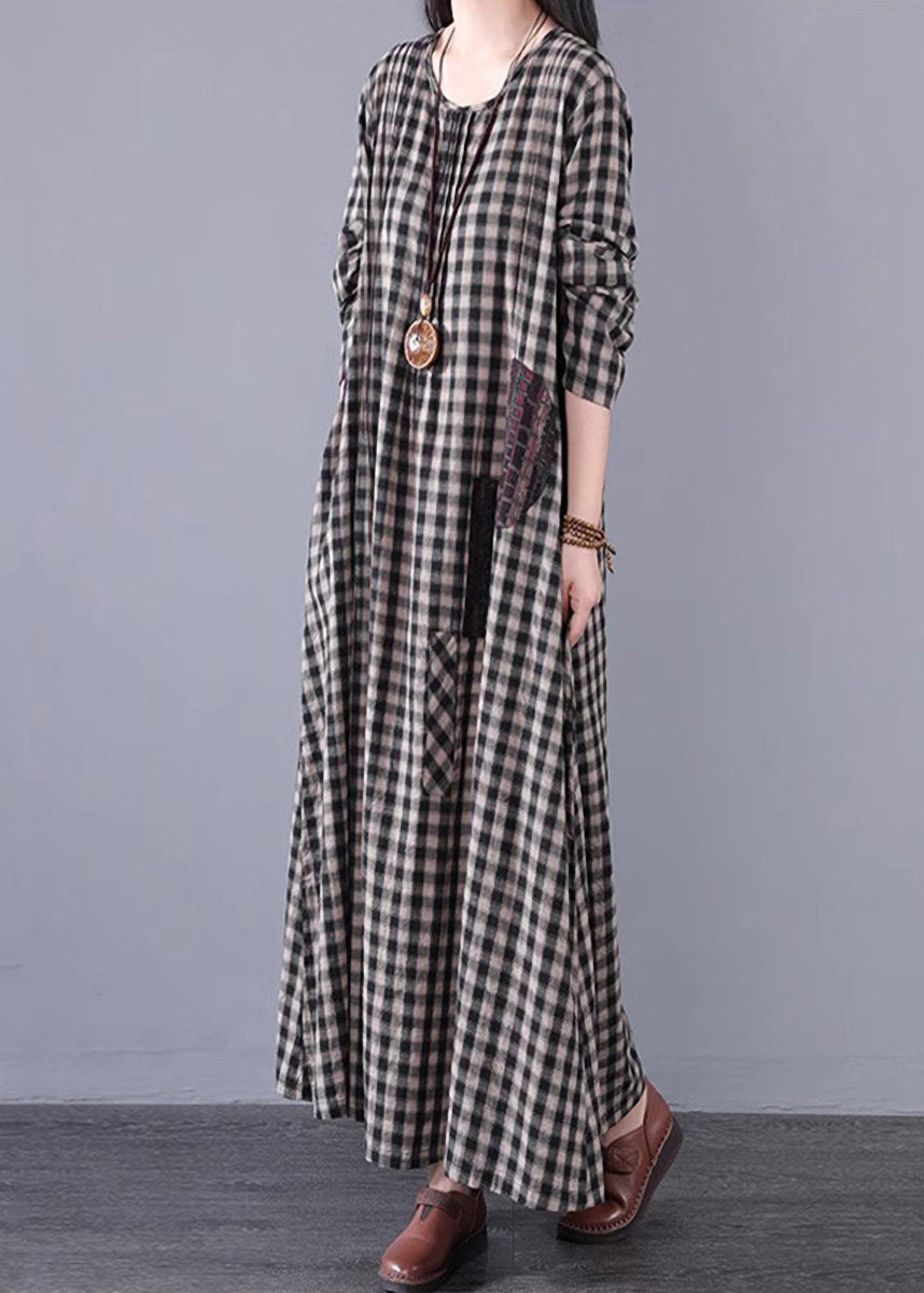 Vintage Black White Plaid A Line Long Dresses Spring