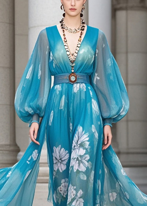 Vintage Blue Cinched Print Chiffon Robe Dresses Lantern Sleeve