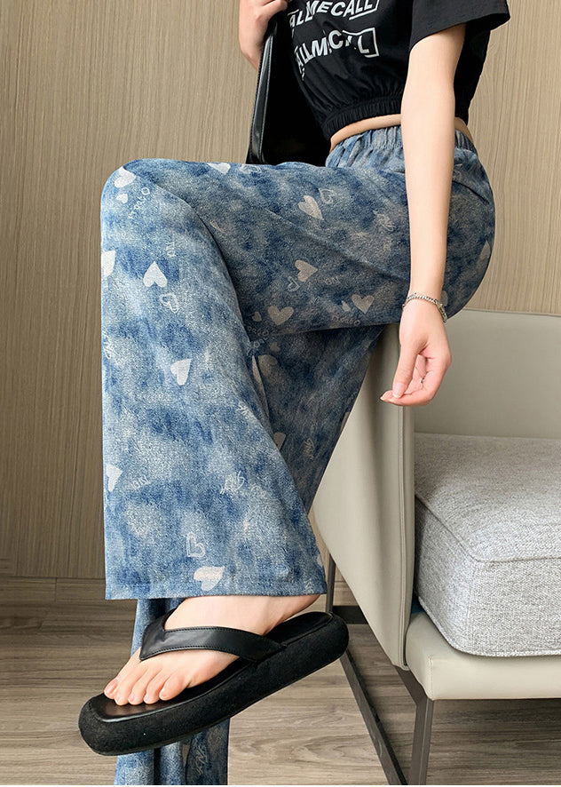 Vintage Blue Elastic Waist Tie Dye Silk Straight Pants Spring