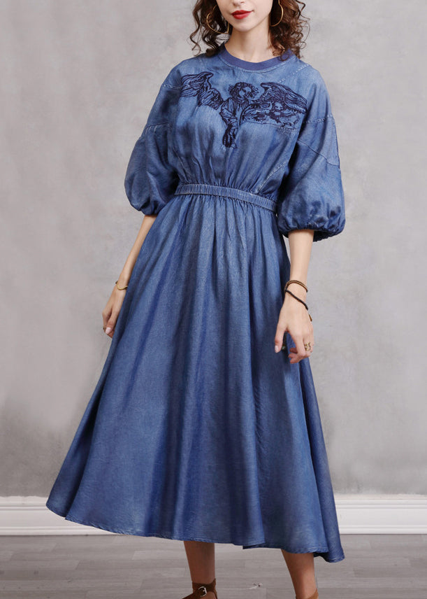 Vintage Blue Embroidered Elastic Waist Long Denim Dress Lantern Sleeve