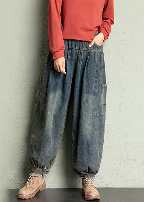 Vintage Blue Pockets Elastic Waist Denim Crop Pants Spring