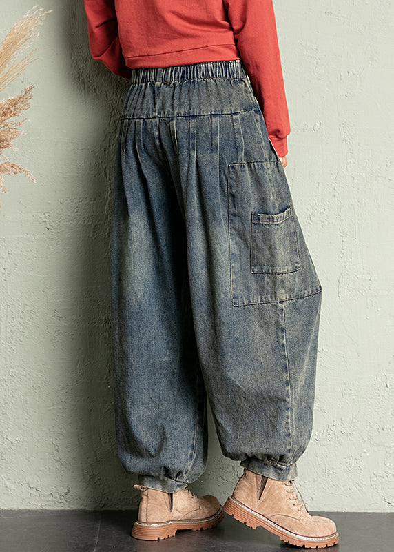 Vintage Blue Pockets Elastic Waist Denim Crop Pants Spring